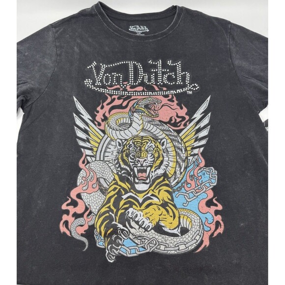 Von Dutch Tiger Graphic Faded‎ Black Vintage Crystal Logo T-Shirt  Men's L NWT - Picture 1 of 2